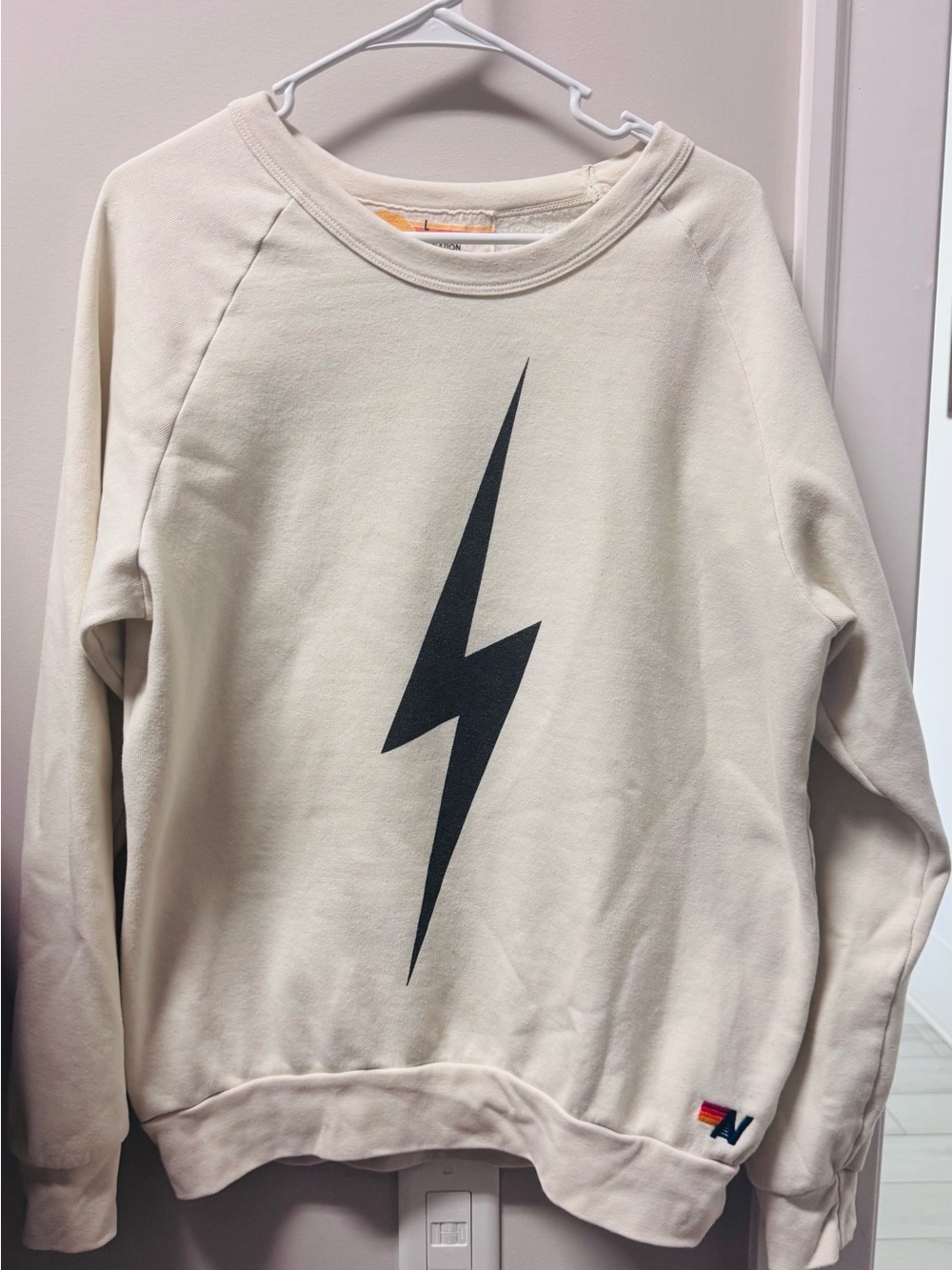 Aviator Nation Cream Crewneck with Black Lightning Bolt
